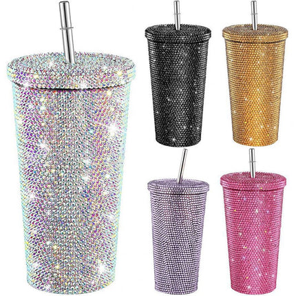 500ml Diamond Thermos Bottles Straw Cup With Lid Rhinestone Stainless Steel Double Layer Thermos Cups Glitter Cup Water Bottle