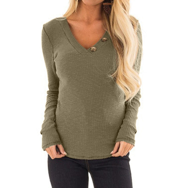 2020 AliExpress Amazon ebay in stock new European and American fashion big V collar button long sleeve T-shirt top women