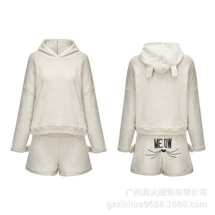 Cross-Border Women's Clothing 2018 Winter Cat Embroidered Pajamas Plush Long-Sleeved Two-Piece Home Clothes Set Manufacturer Dropshipping