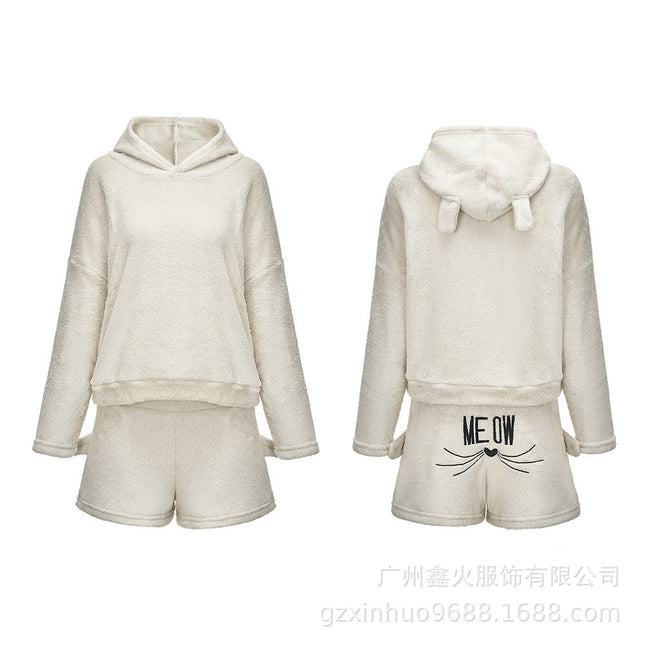 Cross-Border Women's Clothing 2018 Winter Cat Embroidered Pajamas Plush Long-Sleeved Two-Piece Home Clothes Set Manufacturer Dropshipping