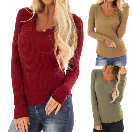 2020 AliExpress Amazon ebay in stock new European and American fashion big V collar button long sleeve T-shirt top women