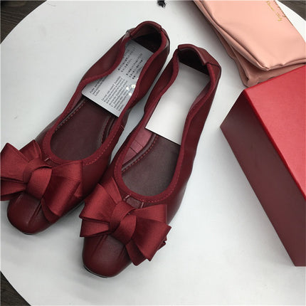 Niche Korean style new casual women's shoes round toe flat heel dancing shoes bow sheepskin single shoes egg roll loafers for women
