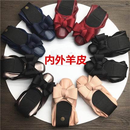 Niche Korean style new casual women's shoes round toe flat heel dancing shoes bow sheepskin single shoes egg roll loafers for women