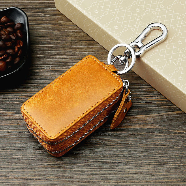 Amazon Genuine Leather Men's Car Key Case Oil Wax Leather Double Layer Zipper Key Case European and American Transparent Key Case