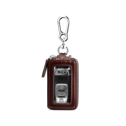 Amazon Genuine Leather Men's Car Key Case Oil Wax Leather Double Layer Zipper Key Case European and American Transparent Key Case