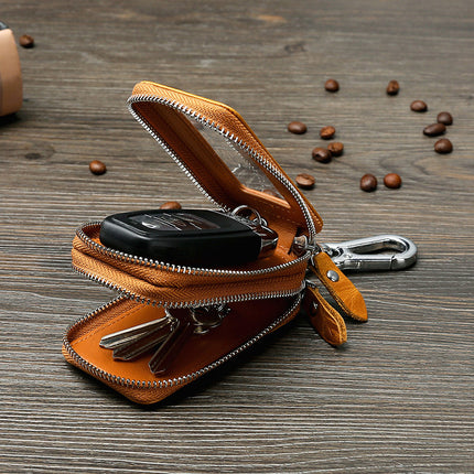 Amazon Genuine Leather Men's Car Key Case Oil Wax Leather Double Layer Zipper Key Case European and American Transparent Key Case