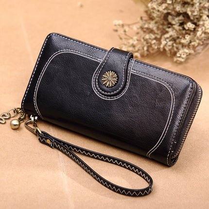 2025 Retro Hot-Selling Zipper Wallet Women's Oil Wax Leather Phone Bag Korean Style Long Clutch Card Holder Cross-Border