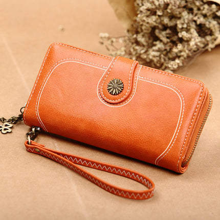 2025 Retro Hot-Selling Zipper Wallet Women's Oil Wax Leather Phone Bag Korean Style Long Clutch Card Holder Cross-Border