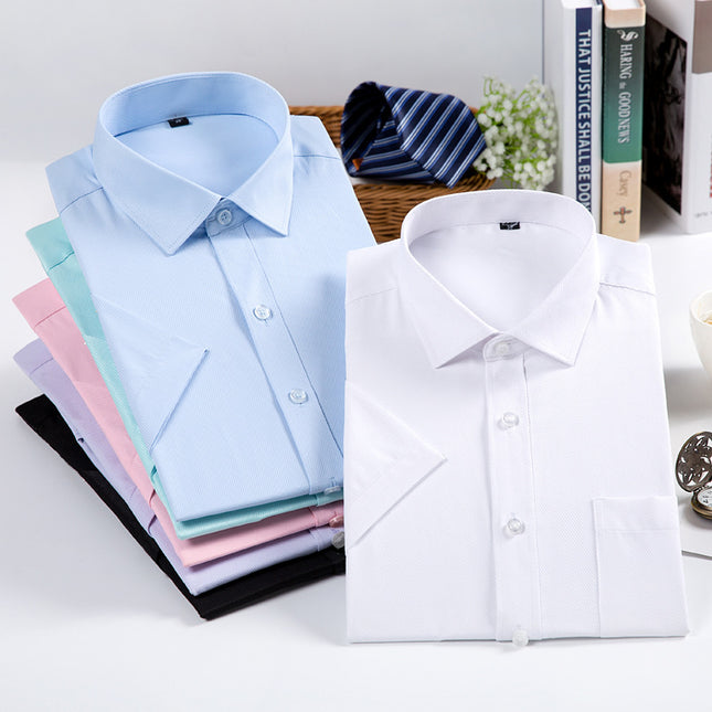 Summer Men's Business Short-Sleeved Shirt Korean Style Slim Professional Formal Wear Solid Color Cotton Interview White Shirt Workwear