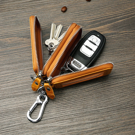Amazon Genuine Leather Men's Car Key Case Oil Wax Leather Double Layer Zipper Key Case European and American Transparent Key Case