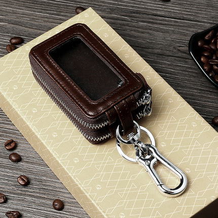 Amazon Genuine Leather Men's Car Key Case Oil Wax Leather Double Layer Zipper Key Case European and American Transparent Key Case