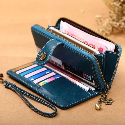 2025 Retro Hot-Selling Zipper Wallet Women's Oil Wax Leather Phone Bag Korean Style Long Clutch Card Holder Cross-Border