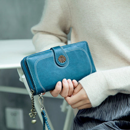 2025 Retro Hot-Selling Zipper Wallet Women's Oil Wax Leather Phone Bag Korean Style Long Clutch Card Holder Cross-Border