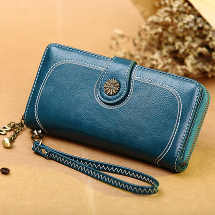 2025 Retro Hot-Selling Zipper Wallet Women's Oil Wax Leather Phone Bag Korean Style Long Clutch Card Holder Cross-Border