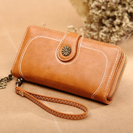 2025 Retro Hot-Selling Zipper Wallet Women's Oil Wax Leather Phone Bag Korean Style Long Clutch Card Holder Cross-Border
