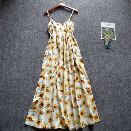 Long Floral Slip Skirt Cotton Cloth Mori Women's Artistic Base Dress for Traveling to the Seaside Holiday Beach Long Dress