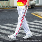 Men's thin pants white pull three red strips / M
