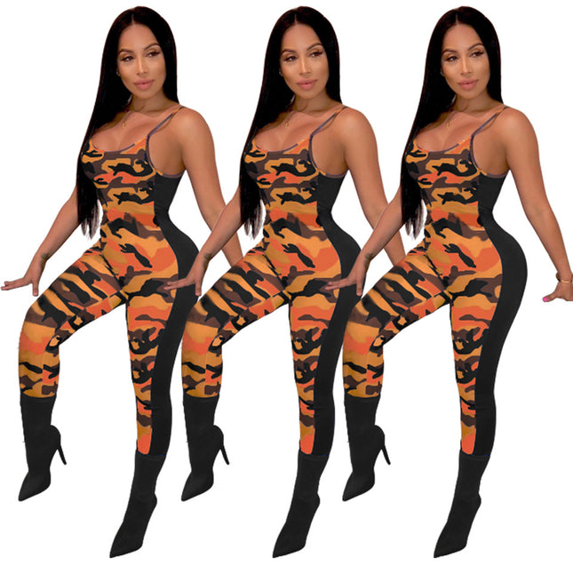 Cross-Border E-Commerce Independent Station Wish Hot Product European and American Sexy Backless Camouflage Fashion Casual Suit Jumpsuit