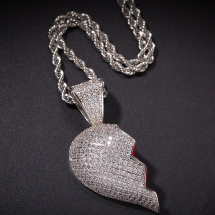 Spot Hip Hop Personality Two Half Heartbreak Combination Pendant Copper Set Zircon Broken Heart Magnetic Pendant Couple Necklace