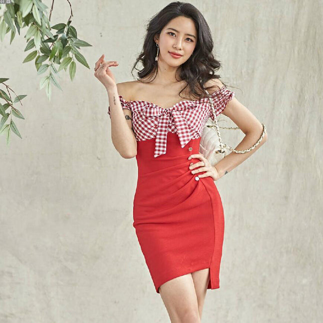 2026 Summer Korean Style Foreign Trade Women's Clothing Socialite Sexy Plaid Off-Shoulder Bodycon Mini Dress 3970A