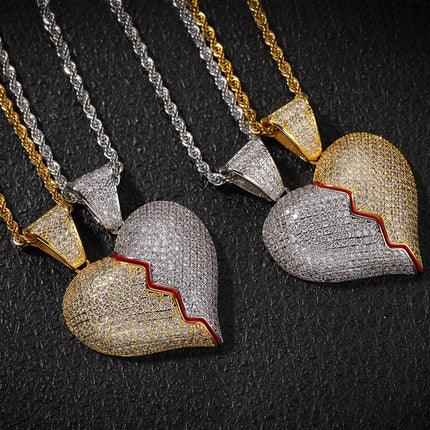 Spot Hip Hop Personality Two Half Heartbreak Combination Pendant Copper Set Zircon Broken Heart Magnetic Pendant Couple Necklace