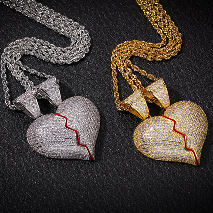 Spot Hip Hop Personality Two Half Heartbreak Combination Pendant Copper Set Zircon Broken Heart Magnetic Pendant Couple Necklace
