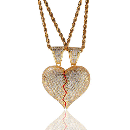Spot Hip Hop Personality Two Half Heartbreak Combination Pendant Copper Set Zircon Broken Heart Magnetic Pendant Couple Necklace