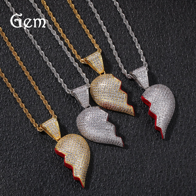 Spot Hip Hop Personality Two Half Heartbreak Combination Pendant Copper Set Zircon Broken Heart Magnetic Pendant Couple Necklace