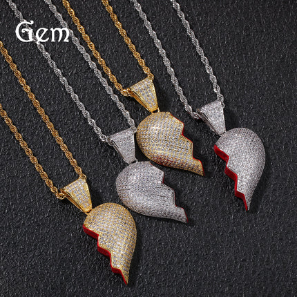 Spot Hip Hop Personality Two Half Heartbreak Combination Pendant Copper Set Zircon Broken Heart Magnetic Pendant Couple Necklace