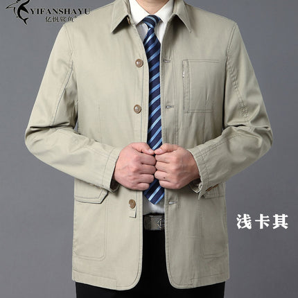 Spring and Autumn new men's jacket cotton straight solid color middle-aged lapel coat button men's clothing factory wholesale