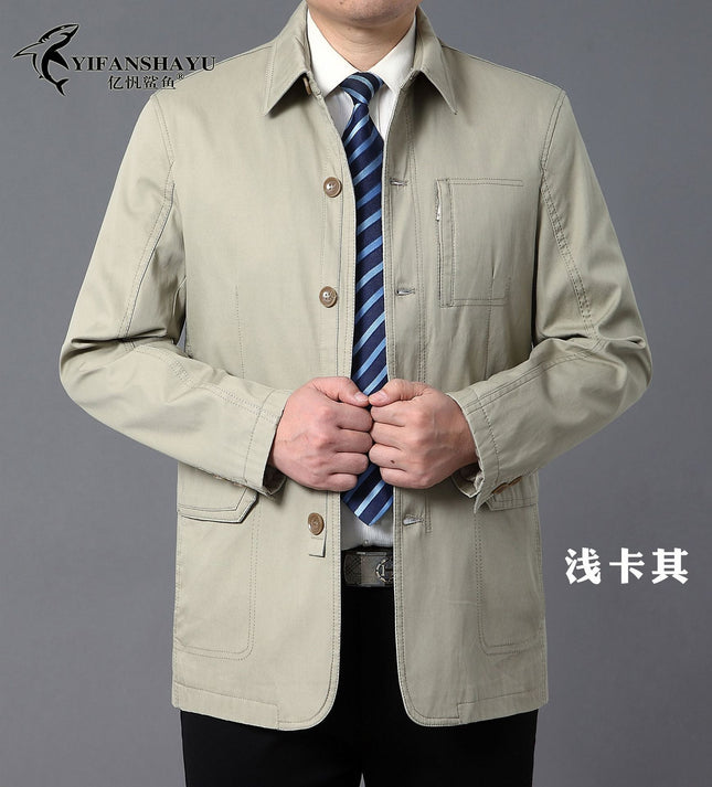 Spring and Autumn new men's jacket cotton straight solid color middle-aged lapel coat button men's clothing factory wholesale