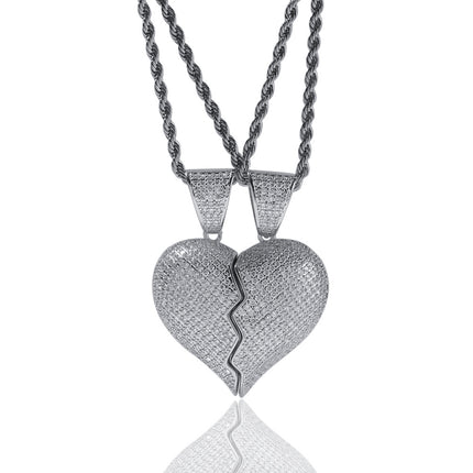Spot Hip Hop Personality Two Half Heartbreak Combination Pendant Copper Set Zircon Broken Heart Magnetic Pendant Couple Necklace