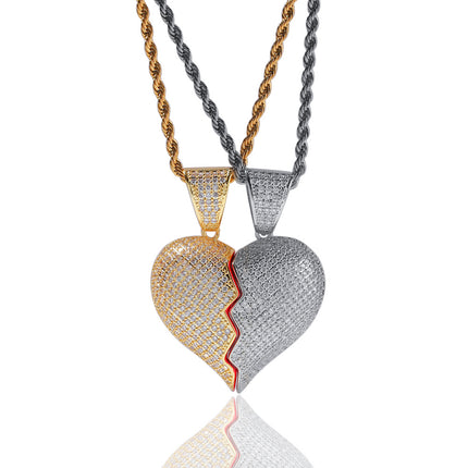 Spot Hip Hop Personality Two Half Heartbreak Combination Pendant Copper Set Zircon Broken Heart Magnetic Pendant Couple Necklace