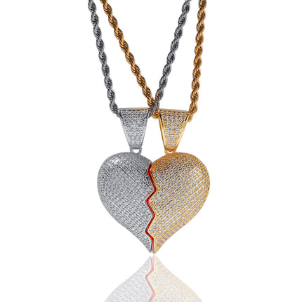 Spot Hip Hop Personality Two Half Heartbreak Combination Pendant Copper Set Zircon Broken Heart Magnetic Pendant Couple Necklace