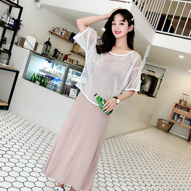 Summer New Style Mesh Blouse Long Dress Two-Piece Set Strap Beautiful Back Striped Modal Slim Look Beach Dress