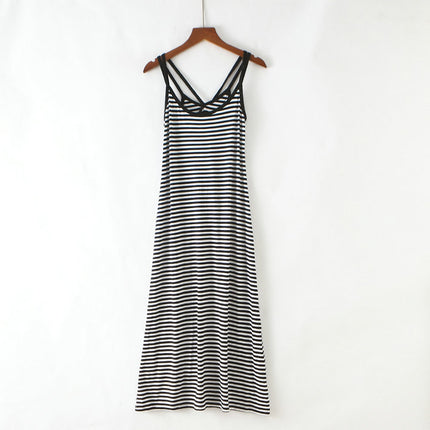 Summer New Style Mesh Blouse Long Dress Two-Piece Set Strap Beautiful Back Striped Modal Slim Look Beach Dress