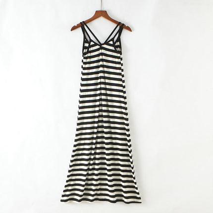 Summer New Style Mesh Blouse Long Dress Two-Piece Set Strap Beautiful Back Striped Modal Slim Look Beach Dress