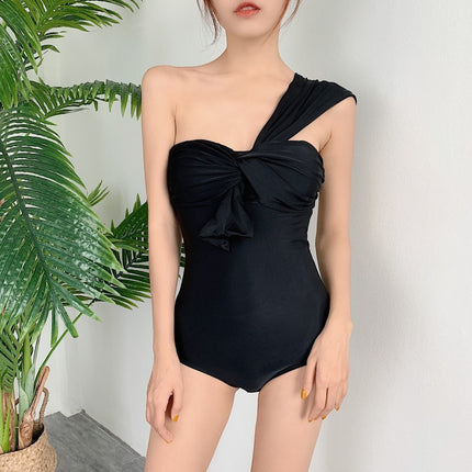 2024 New Retro Polka Dot One-Shoulder Small Bust Push-Up Swimsuit Conservative Tummy-Concealing Slimming Vacation One-Piece Student Swimsuit