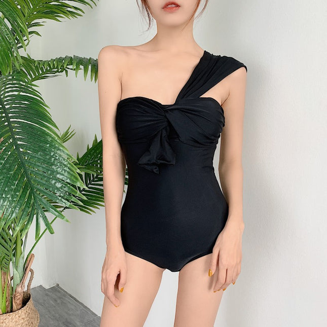 2024 New Retro Polka Dot One-Shoulder Small Bust Push-Up Swimsuit Conservative Tummy-Concealing Slimming Vacation One-Piece Student Swimsuit