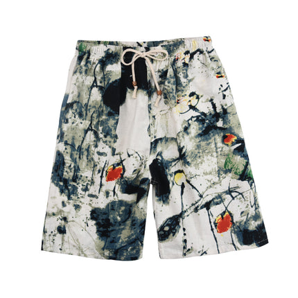 Summer new cotton and linen printed five-point men's beach pants casual sports loose plus size shorts men's thin fashion