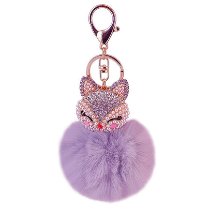 Cute creative diamond-encrusted fox head fur ball rabbit head car keychain to send girlfriend key chain metal pendant 801M