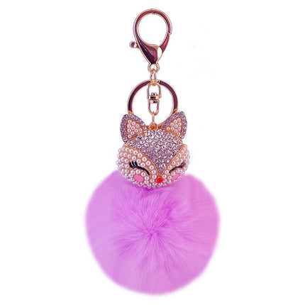 Cute creative diamond-encrusted fox head fur ball rabbit head car keychain to send girlfriend key chain metal pendant 801M