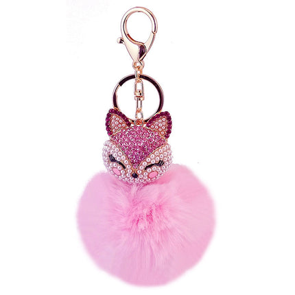 Cute creative diamond-encrusted fox head fur ball rabbit head car keychain to send girlfriend key chain metal pendant 801M