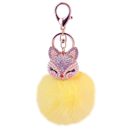 Cute creative diamond-encrusted fox head fur ball rabbit head car keychain to send girlfriend key chain metal pendant 801M