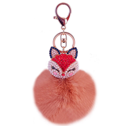 Cute creative diamond-encrusted fox head fur ball rabbit head car keychain to send girlfriend key chain metal pendant 801M