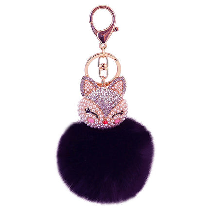 Cute creative diamond-encrusted fox head fur ball rabbit head car keychain to send girlfriend key chain metal pendant 801M