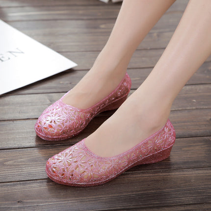 Summer New Non-Slip Sandals for Women Crystal Jelly Plastic Flats Bottom Hole Hollow Bird's Nest Deodorant Waterproof Beach Shoes