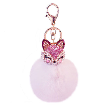 Cute creative diamond-encrusted fox head fur ball rabbit head car keychain to send girlfriend key chain metal pendant 801M