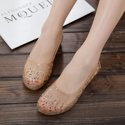 Summer New Non-Slip Sandals for Women Crystal Jelly Plastic Flats Bottom Hole Hollow Bird's Nest Deodorant Waterproof Beach Shoes