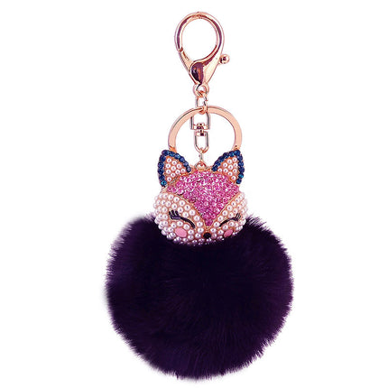 Cute creative diamond-encrusted fox head fur ball rabbit head car keychain to send girlfriend key chain metal pendant 801M
